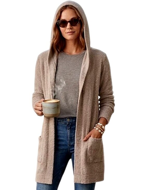Barefoot Dreams Sweaters - Barefoot Dreams CozyChicLite Coastal Hooded Cardigan Brown Taupe Medium